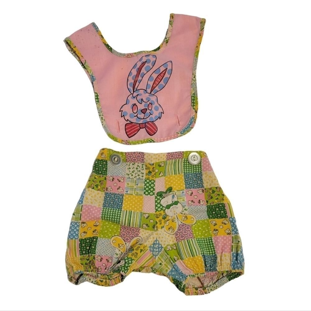 Vintage 70s Easter or Summer Romper with Bunny Rabbit Plaid Quirky OOAK